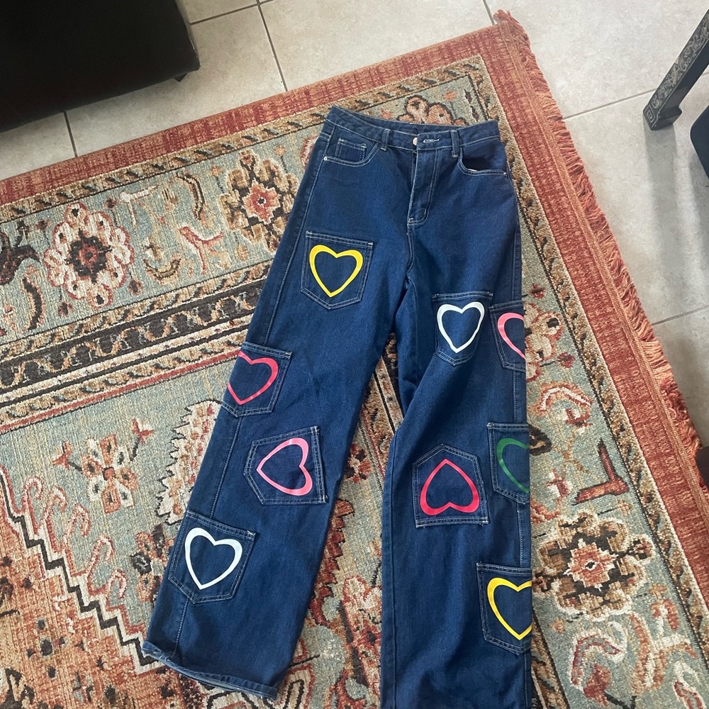 Colorful wide leg Heart pocket Jeans